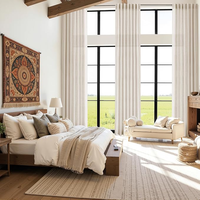 Extra Long Linen Curtains 122 Inch Length for Living Room High Ceiling Back Tab Semi Sheer Light Filtering Curtain Rod Pocket Boho Farmhouse Window Drapes for Bedroom 2 Panels Cream Beige,52x122