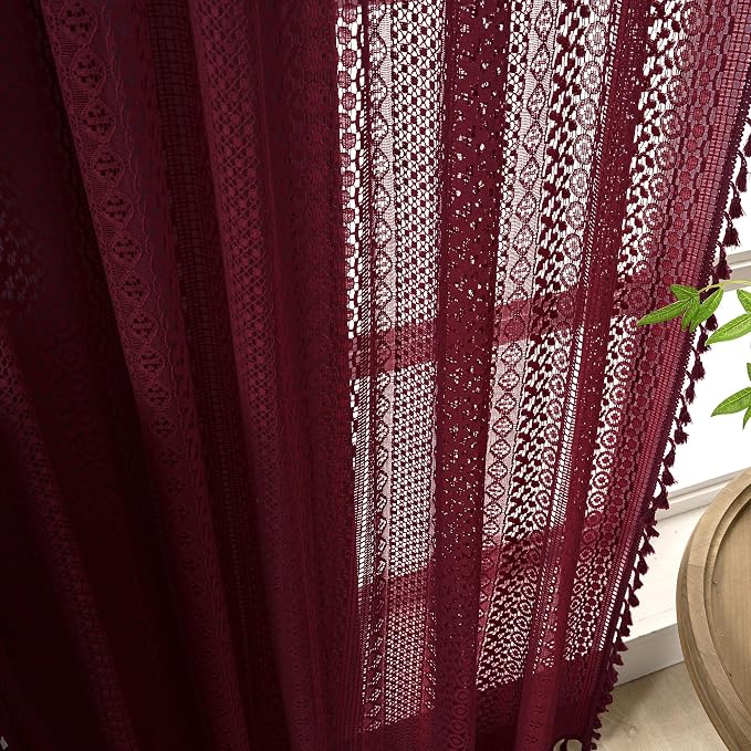 WAZZIO Boho Lace Curtains 63 Inches 2 Panel,Light Filtering Privacy Tassel & Geometry Crochet Semi Sheer Curtain Drapes for Bedroom Living Dining Room,Rod Pocket & Tassel,Burgundy Red