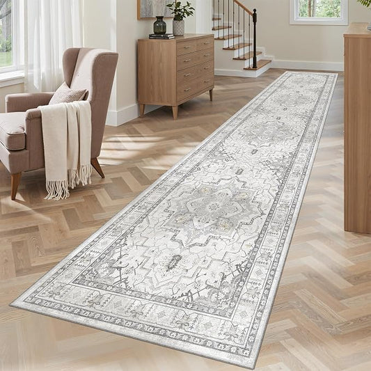 Madane Washable Runner Rugs 2x10 Long for Hallway Kitchen, Grey | Non-Slip Low-Pile 10ft Rug Runners Soft, Stain-Resistant Floor Carpet Mat for Entrance, Living Dining Laundry Room, Stair