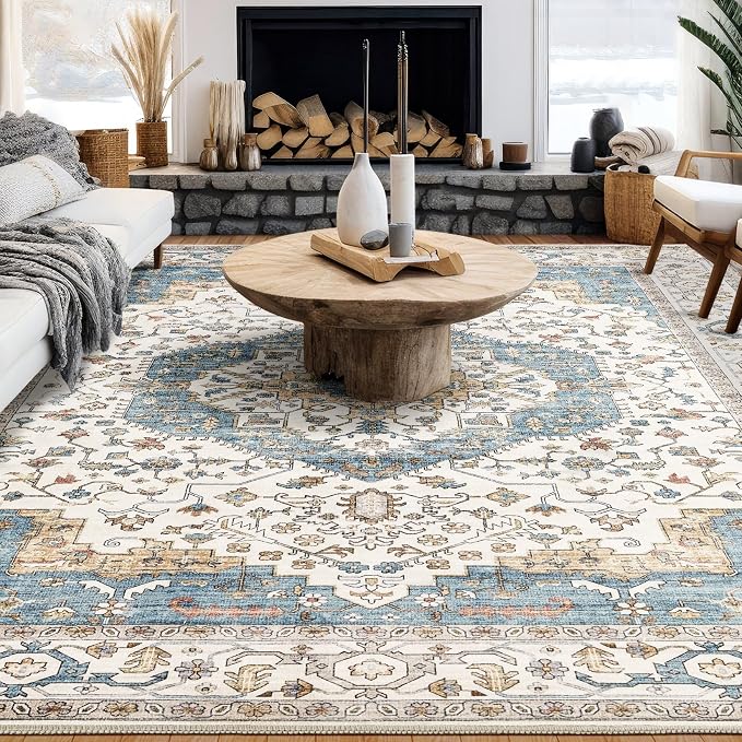 12x18 Area Rugs for Living Room - Large Carpet Ultra Thin Soft Washable Oriental Vintage Floral Distressed Big Indoor Carpets for Bedroom Nursery Dorm Home Decor Aesthetic - Blue/Beige