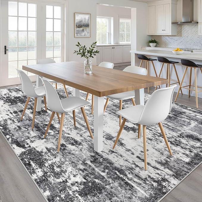 8x10 Area Rugs Living Room: Washable Large Neutral Rug Abstract Soft Modern Stain Resistant Indoor Floor Non-Slip Carpet for Bedroom Nursery Kids Office Playroom Dining Room Under Table- Black White