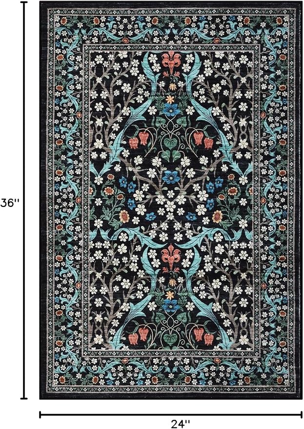 GarveeHome Floral Entryway Rug, 2x3 Washable Front Door Entry Throw Rugs Indoor, Non Slip Bathroom Small Rugs, Boho Thin Rug for Kitchen, Soft Carpet Mat for Bedroom Bathroom, Black