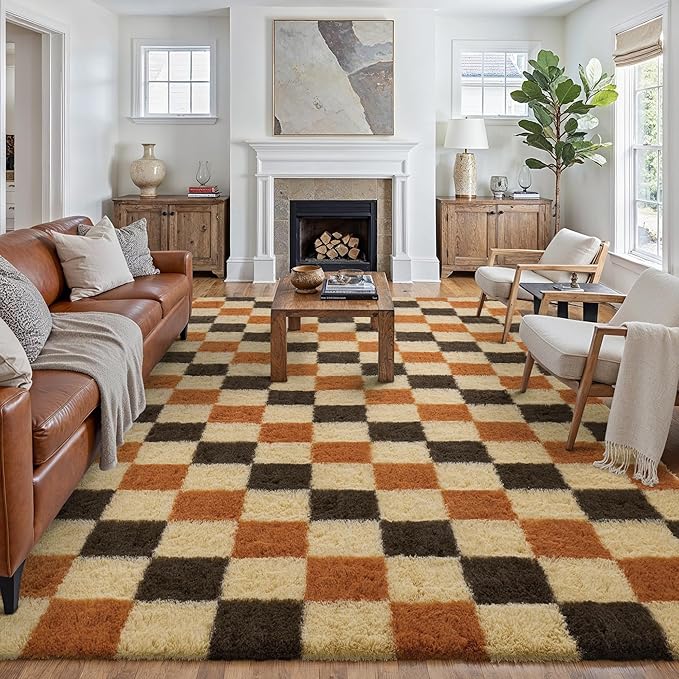 PureCozy Checkered Rug 6x9 for Living Room, Colorful Modern Shag Rug Washable Non-Slip Large Area Rug Super Soft Indoor Fuzzy Carpet Fluffy Rugs for Bedroom Home Aesthetic Decor