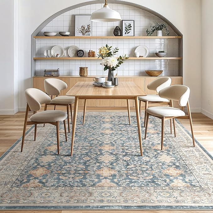 Vintage Living Room Area Rug 8x10 - Large Soft Washable Oriental Traditional Distressed Farmhouse Rugs for Bedroom - Indoor Floor Accent Carpet for Home Office House Decor - Dark Blue