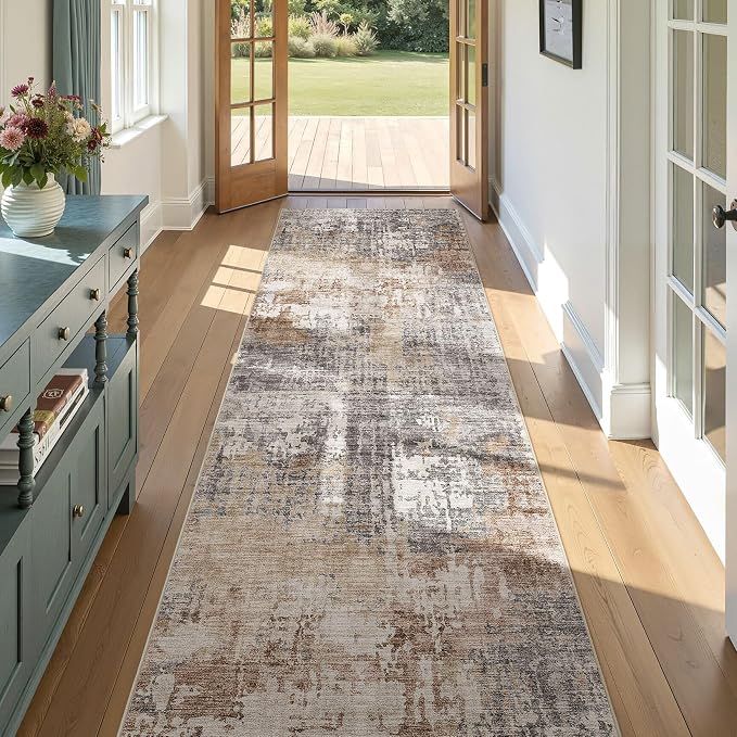 DMOYEST 3x10 Washable Runner Rug for Hallway: Soft Neutral Modern Abstract Low Pile Rug Indoor - Carpet for Bedroom Dining Room Kitchen Entryway - Grey Brown