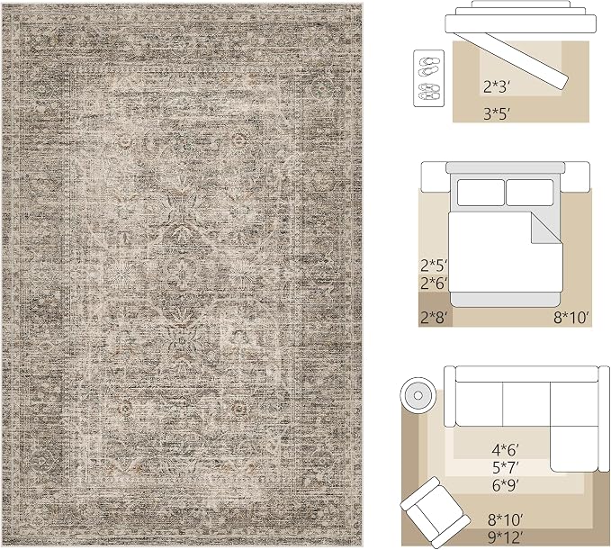 FMFUNCTEX 12x15 Washable Area Rug Taupe Vintage Neutral Distressed Large Non Slip Carpet for Living Room Bedroom Soft Low Pile Indoor Mat Retro Floral Throw Rug for Dining Room Kitchen Office Nursery