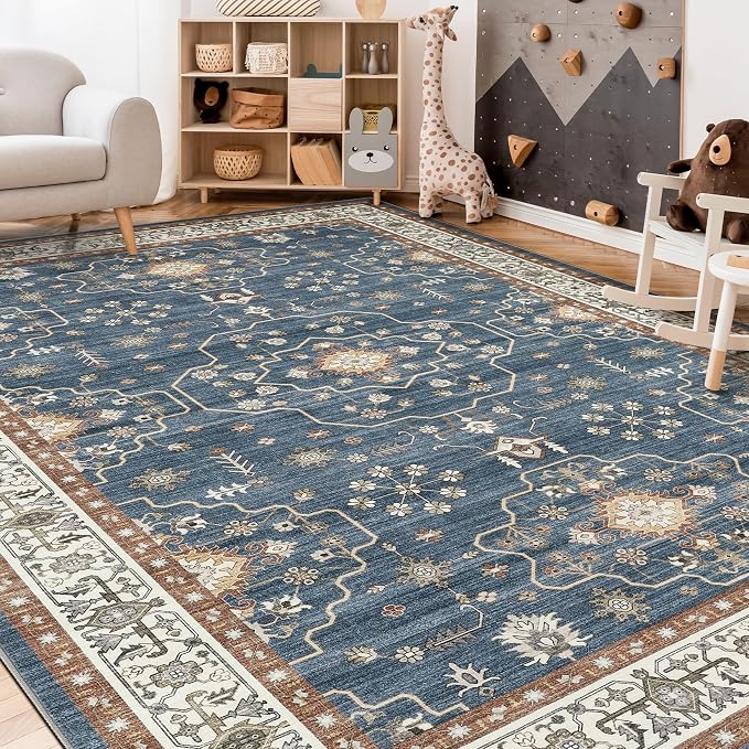 7x9 Area Rug for Living Room- Machine Washable Soft Oriental Vintage Large Indoor Floor Carpet for Bedroom Under Dining Table Home Office Decor - Dark Blue