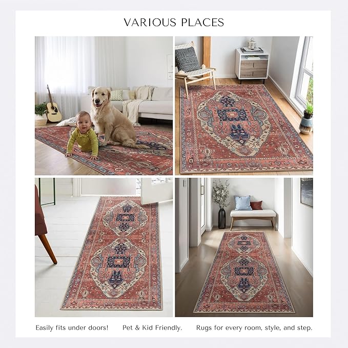 Brick Color Oushak Large Area Rug 8x10 - Washable Boho Rug Vintage Turkish Non-Slip Carpet Non-Shedding Extra Large Area Rugs for Living Room, Dining, Bedroom, Lounge, Farmhouse