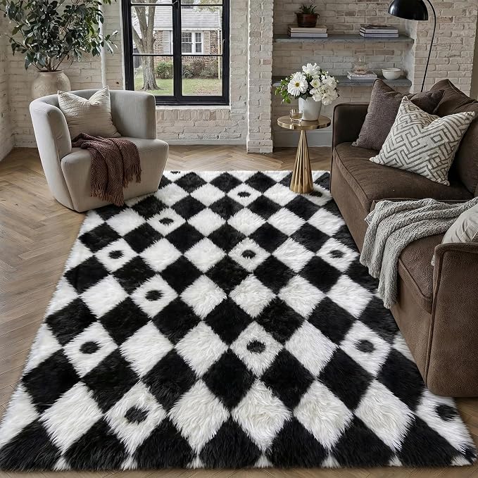 PureCozy Checkered Rug 5x8 Fluffy Shag Living Room Black and White Area Rug Modern Washable Carpet Soft Shaggy Non Slip Indoor Plush Fuzzy Rugs for Bedroom Dorm Office Home Aesthetic Decor