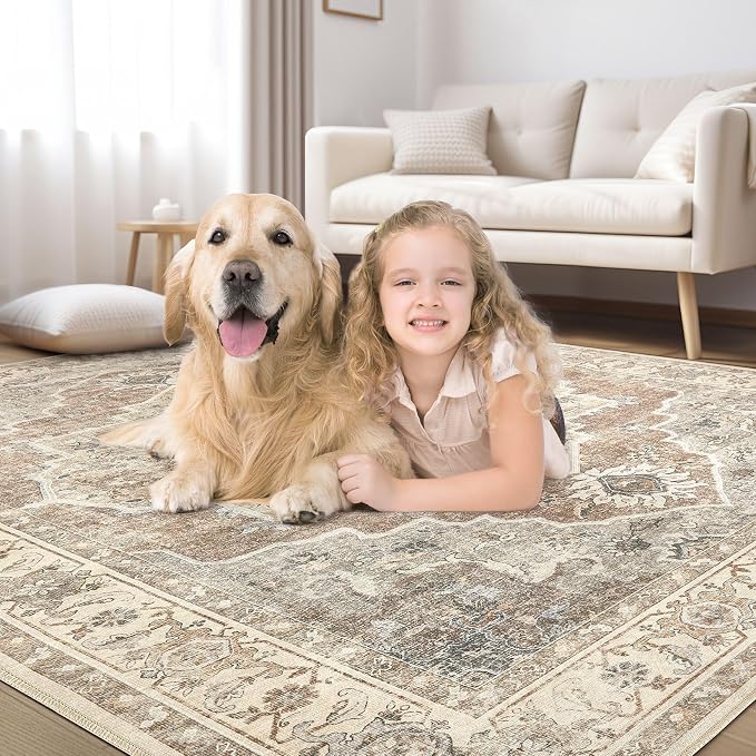 9x12 Washable Area Rug: Vintage Neutral Soft Non Slip Thin Large Floor Carpet for Living Room Bedroom Kitchen Dining Room Home Office Farmhouse Indoor - Beige Brown