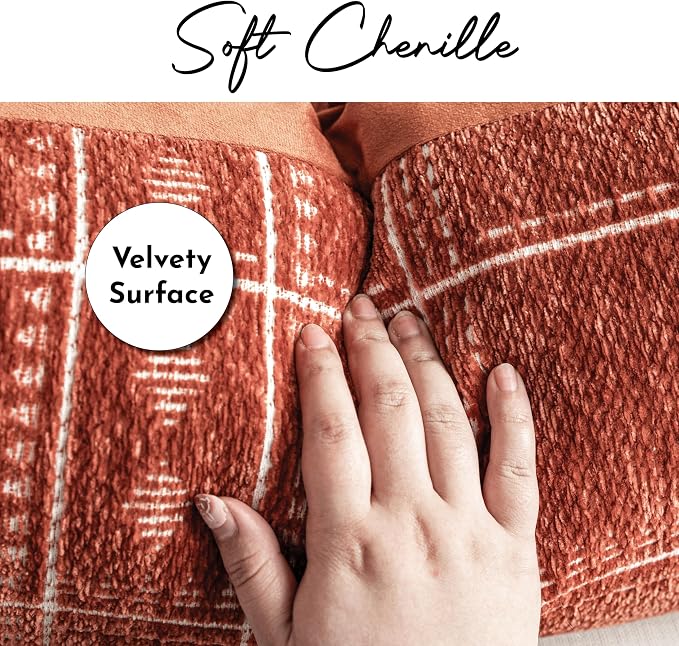 BlissBlush Decorative Lumbar Pillow Covers 12x20 Set of 2, Terracotta Rust Red Boho Textured Chenille Accent Rectangular Throw Pillow Covers for Couch Sofa Living Room Home Décor (Cover Only)