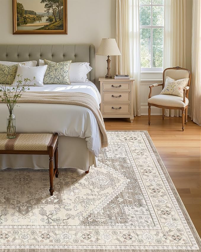 5x8 Vintage Area Rug: Washable Neutral Soft Non Slip Thin Large Floor Carpet for Living Room Bedroom Kitchen Dining Room Home Office Farmhouse Indoor - Brown
