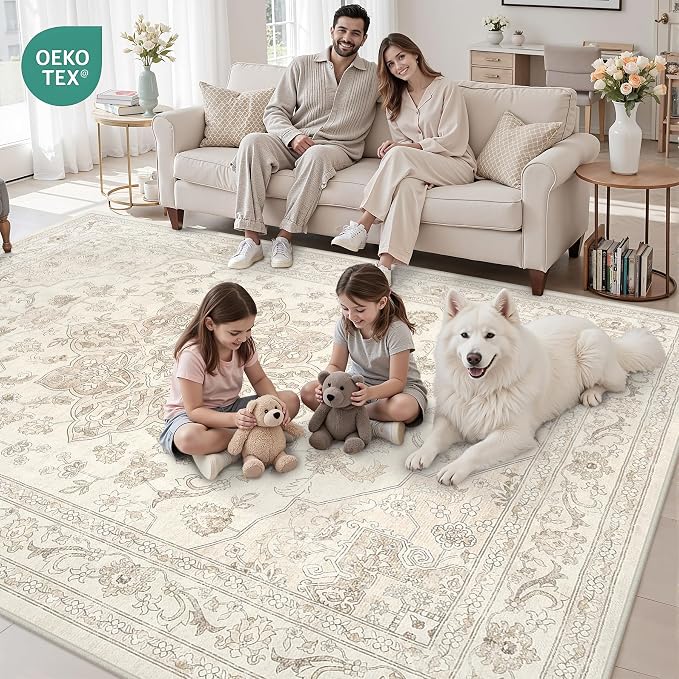 10x14 Area Rug for Living Room: Vintage Boho Neutral Washable Rug Indoor Soft Large Area Rug Carpet for Bedroom Nursery Farmhouse Dining Room Office Floor Non-Slip Low Pile Under Table Rug Beige White