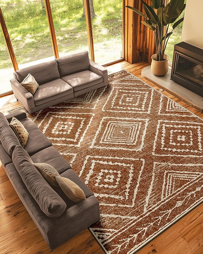 BESTSWEETIE Area Rug 9x12 Machine Washable Non-Slip Low Pile Print Pattern Western Tribal Series Yellowbrown/Cream for Living Room Bedroom Entryway