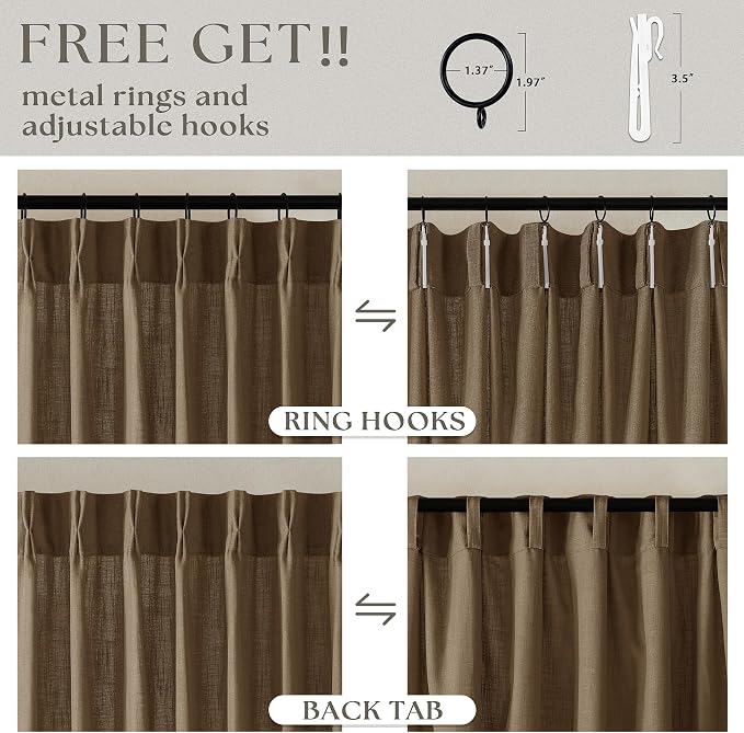 Dutch Cocoa Pinch Pleated Linen Curtains 108 Inches Long 60 Width Linen Blend Light Filtering Window Curtains 108 Inch for Living Room Bedroom Patio Pinch Pleat Drapes Hooks Rings 1 Panel 60Wx108L