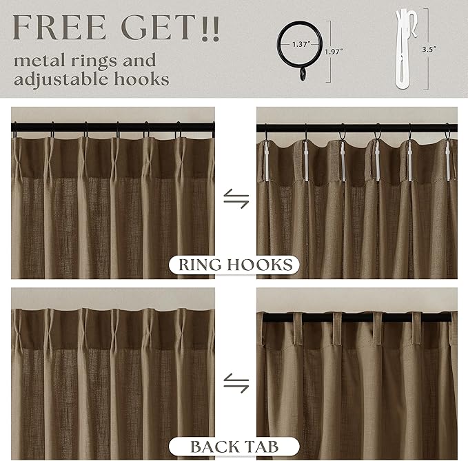 Extra Wide 84 Inch Long Curtains 70 Inch Wide Pinch Pleat Linen Curtains for Living Room Bedroom Light Filtering Privacy Pleated Drapes Hooks Rings Back Tab for Sliding Door Dutch Cocoa 1 Panel