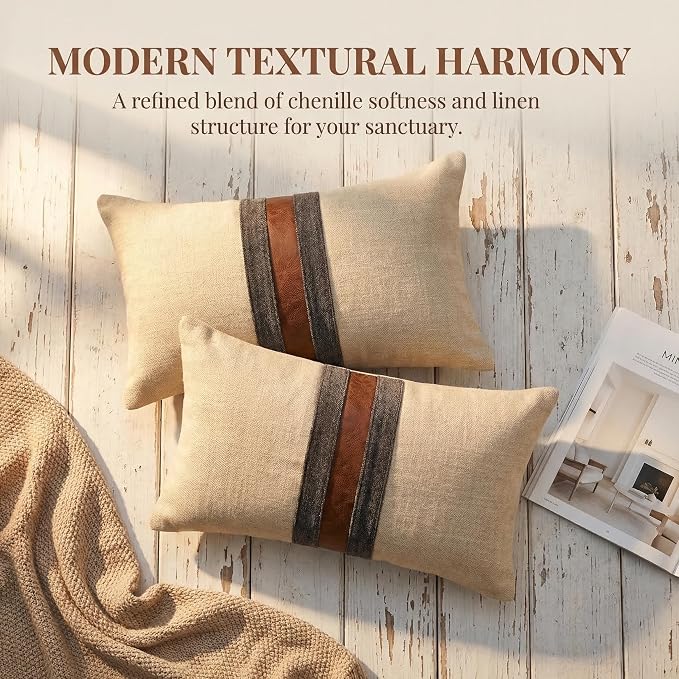Set of 2 Leather Throw Pillow Covers Lumbar Cotton Linen Decor Patchwork Pillow Cover Faux Leather Pillows Cover for Couch Sofa Living Room Bedroom,Beige Yellow 12"x20"