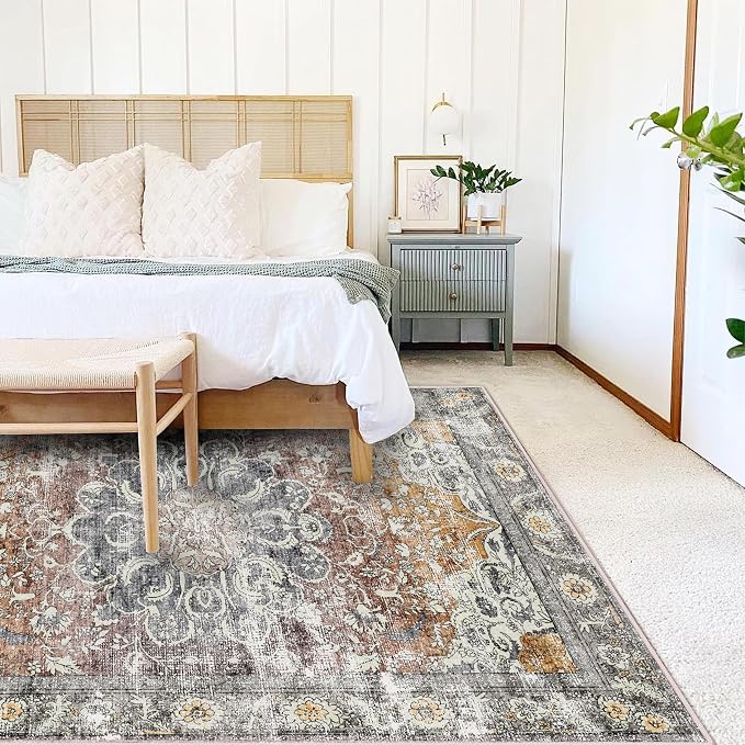 CHAMPLANT Area Rug 4x6 Washable Rug Taupe Vintage Traditional Floor Cover Foldable Thin Retro Accent Indoor Distressed Non Slip Carpet Floral Print Mat Bedroom Living Room Bathroom