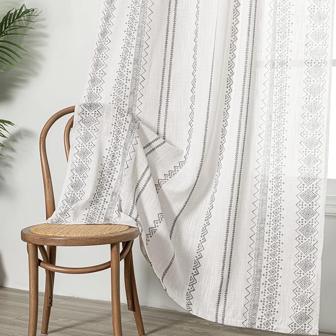 MEETSKY Boho Curtains 84 Inches Long Curtains for Living Room Bohemian Geometric Printed Cotton Curtain Light Filtering Linen Style Rod Pocket Window Back Tab Drape for Dining Room 2 Panels