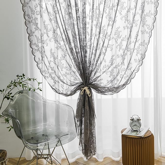 Sutuo Home Lace Curtains 63 Inches Length 2 Panels Set, Gray Sheer Window Floral Vintage Voile Window Panel Treatment for Bedroom/Living Room/Kitchen, Decor Rod Pocket W57 x L63