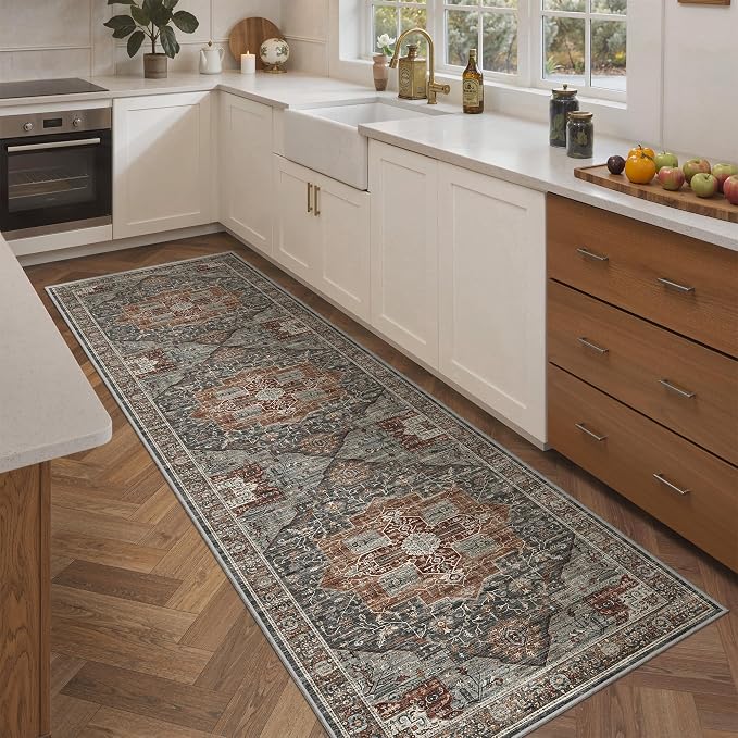 Roxstand Washable 2.6x8 Hallway Runner Rug, Grey/Brown/Tan | Low-Pile Carpet, Non-slip Backing,8ft Runner, Stain Resistant, Runner for Kitchen, Laundry Room, Entryway, Vintage Design