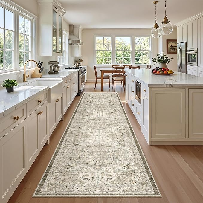 Madane Hallway Runner Rug 2'6''x12' Kitchen Runners Vintage, Ivory/Brown | Non-Slip Washable Rugs 12ft for Laundry Room, Entryway and Bedroom, Soft Low Pile Stain-Resistant Wide 2.5x12 Ft Floor Carpet