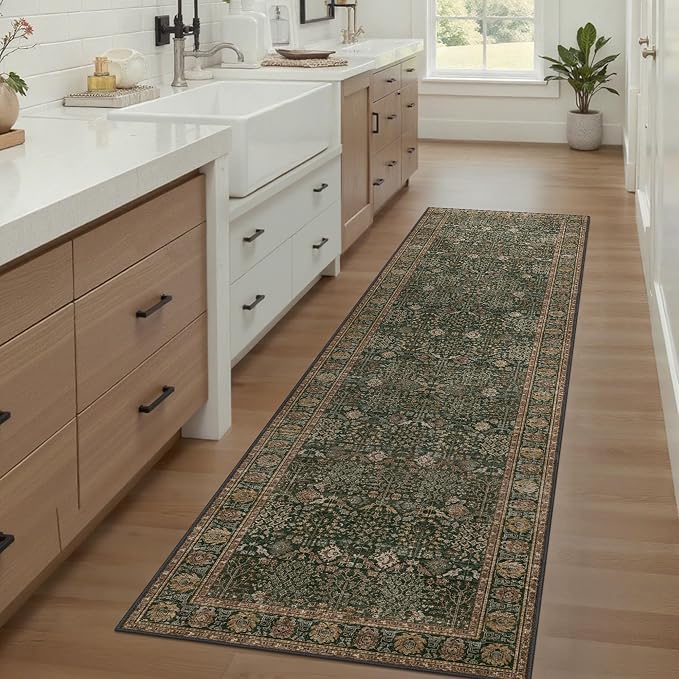 Bavni Washable Rug Runners for Hallways-Vintage Runner Rug 2x8 Low Pile Floral Rugs, Non-Slip Indoor Throw Carpet for Living Room Bedroom Kitchen, Dark Green/Multi