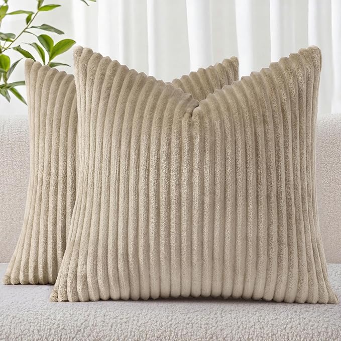Simmore Decorative Fall Throw Pillow Covers 26x26 Set of 2, Soft Natural Plush Flannel Double-Sided Fluffy Couch Euro Sham Pillow Covers for Sofa Living Room, Khaki