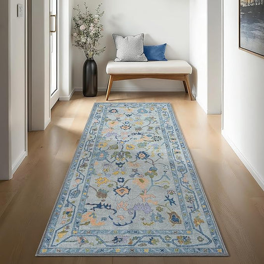 Blue Oushak Runner Rug Hallway 2'5x9'8 - Turkish Modern Runner Rugs, Vintage Washable and Foldable Entrance Floral Pastel Long Rugs, Non-Slip Runner Rug for Hallway, Kitchen, Bedroom, Bathroom