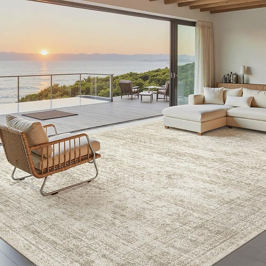 Soalmost Washable Area Rug 8x12, Large Soft Rugs for Living Room Vintage Beige Carpet 8x12 Area Rugs for Bedroom Dining Room Non-Slip Stain Resistant Under Table Rug