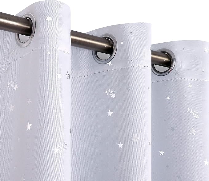 BGment Kids Room Curtains for Bedroom - Grommet Thermal Insulated Silver Star Print Room Darkening Curtains for Living Room, Set of 2 Panels, 38 x 54 Inch, Greyish White