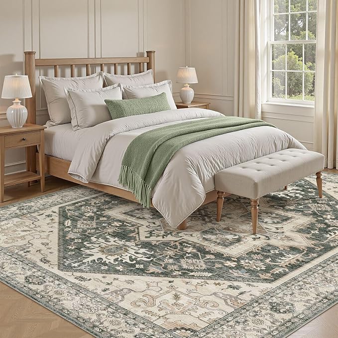 Area Rug for Living Room - 7x9 Washable Oriental Vintage Floral Large Soft Carpet - Fade Stain Resistant Non Slip Rugs for Bedroom Dining Room Nursery Dorm Office Home Decor - Vintage Green