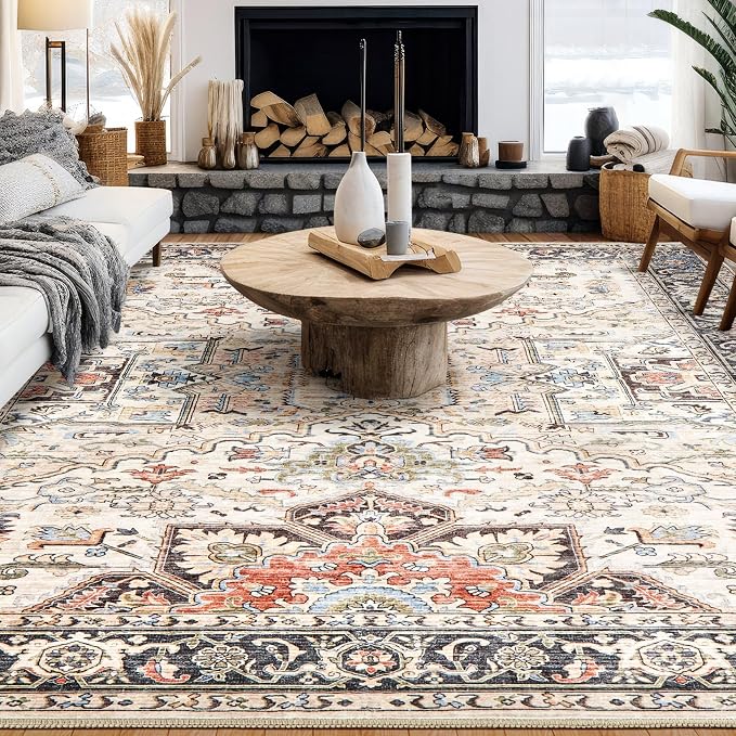 Area Rug for Living Room - 10x12 Soft Washable Oriental Vintage Floral Distressed Large Carpet - Fade Stain Resistant Non Slip Rugs for Bedroom Dining Room Nursery Dorm Office Home Decor - Multi