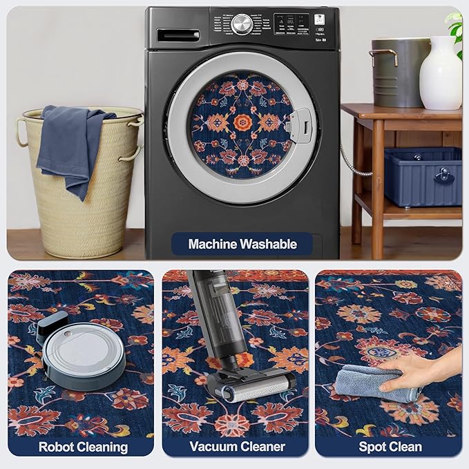 Tangsoo 9x12 Large Area Rug for Living Room,Non Slip Machine Washable Rug for Bedroom, Boho Distressed Vintage Red Blue Floral Rugs, Soft Low Pile Floor Carpet for Dining Room Office Kitchen Farmhouse