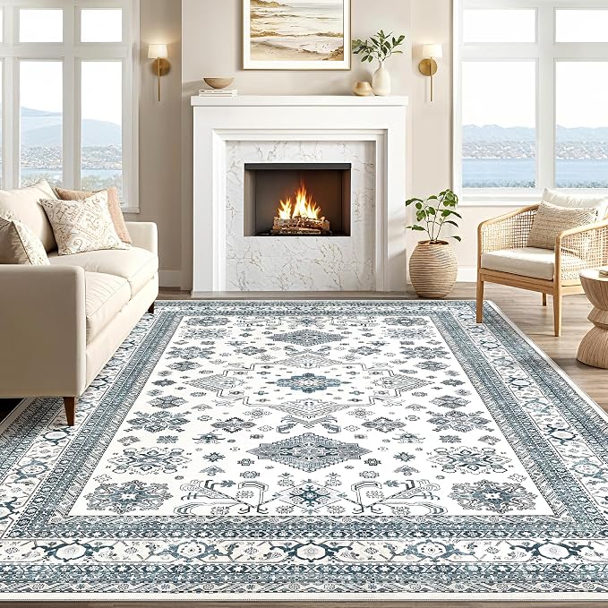 Vintage Living Room Area Rug 8x10 - Large Soft Washable Oriental Traditional Distressed Farmhouse Rugs for Bedroom - Indoor Floor Accent Carpet for Home Office House Decor - Powder Blue