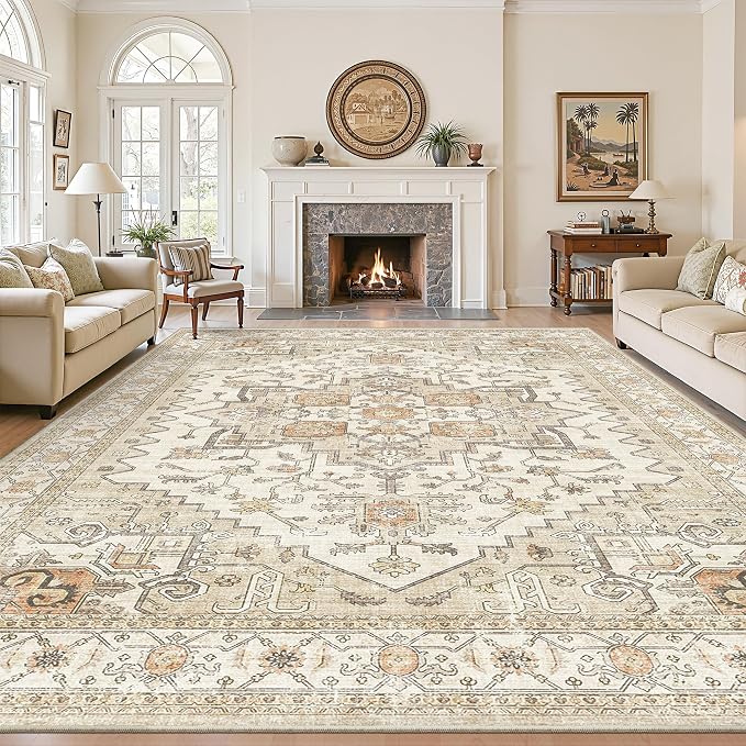 befbee Washable Rugs 10x14 Area Rugs for Living Room,Rugs for Bedroom,Ultra Soft Living Room Bedroom Large Carpe,Low Pile Vintage Print Rug for Home Office Decor (10'x 14',Gold)
