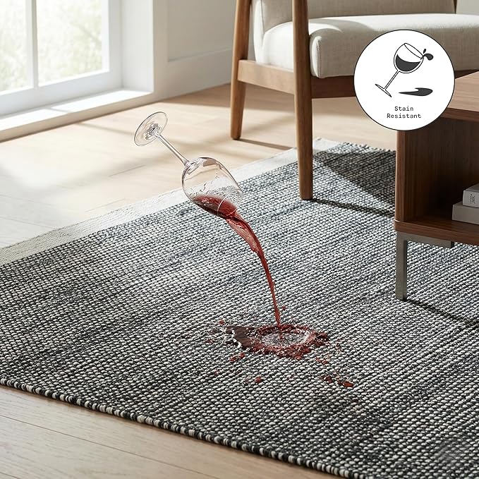 Fab Habitat Machine Washable Area Rug - Hand Woven, Stain Resistant, Pet Friendly - Premium Recycled Polyester Yarn - Solid - Bedroom, Living/Dining Room - Kingscote - Black & White - 8 x 10 ft