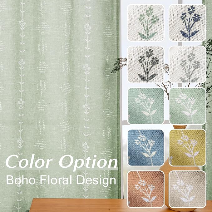 Bathroom Window Curtain,Short Sheer Linen Boho Floral Sage Green Kitchen Curtains 45 Inch Length