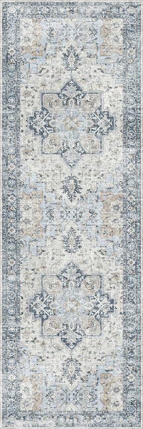 GENIMO Runner Rug 2x10, Machine Washable Vintage Runner Carpet, Non Slip Hallway Rug, Low Pile Lightweight Rugs for Entryway, Hallway, Kitchen and Corridor, Blue