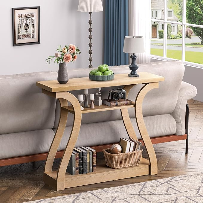 Wooden Console Table with Curved Legs and Shelf, 3-Tier Modern Accent Narrow Sofa Table for Entrance Area, Living Room, Hallway, 47 in Wide Wood Console Table for Entryway (Natural)