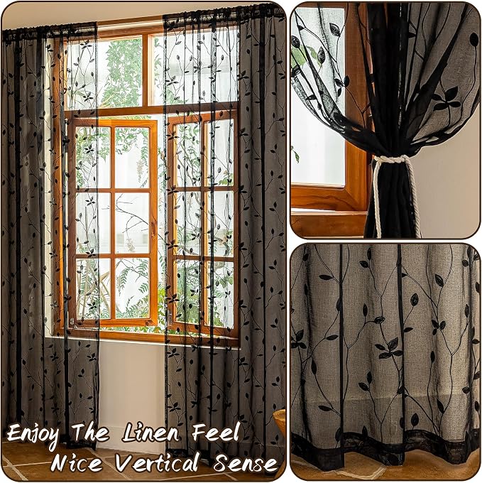 AmHoo 2 Panels Embroidered Leaf Pattern Semi Sheer Curtains Foliage Floral Voile Window Draperies Treatment for Bedroom Living Room Rod Pocket Black 53 x 63 Inch