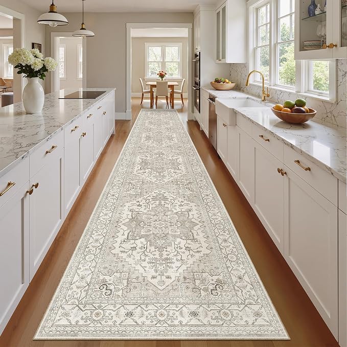 Madane Hallway Runner Rug 2'6''x16' Kitchen Runners Vintage, Beige/Brown | Long Non-Slip Washable Rugs 16ft for Entryway Laundry and Bedroom, Soft Low Pile Stain-Resistant 2.5x16 Ft Floor Carpet
