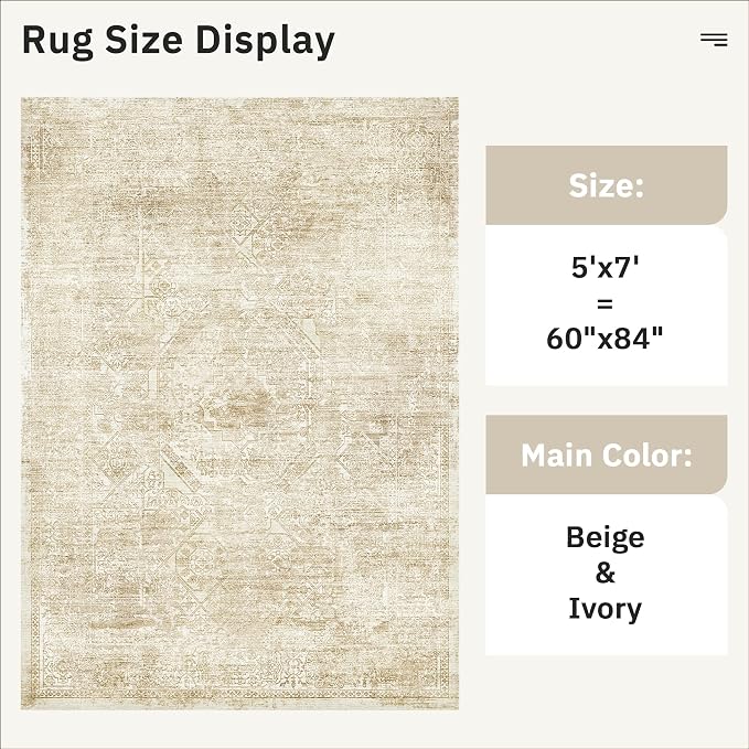 Soalmost 5x7 Area Rugs Beige Low Pile Indoor Washable Trendy Faded Style Floral Rugs for Bedroom Living Room Dining Room Foldable Non-Slip Thin Print Mat