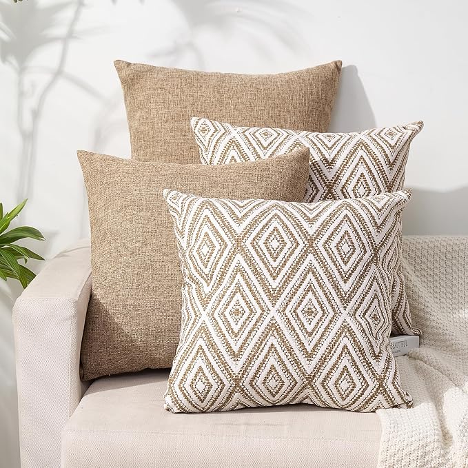 HPUK Throw Pillow Covers 20x20 Inch Set of 4, Linen Decorative Pillow Covers, Accent Cushion Covers for Couch Sofa Bed Bedroom Living Room Décor, Light Brown