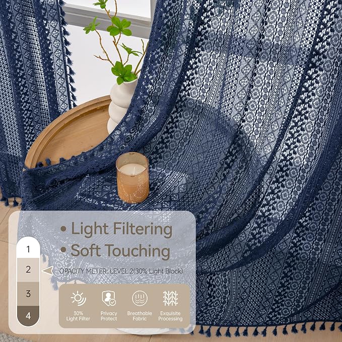 WAZZIO Boho Lace Curtains 84 Inches 2 Panel,Light Filtering Privacy Tassel & Geometry Crochet Semi Sheer Curtain Drapes for Bedroom Living Dining Room,Rod Pocket & Tassel,Navy Blue
