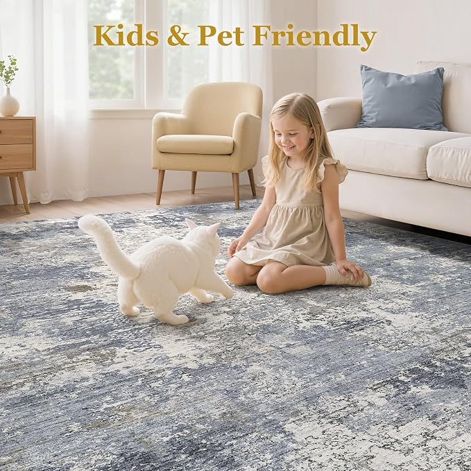 Area Rugs 8x10 Living Room: Washable Large Abstract Modern Neutral Soft Rug Stain Resistant Non-Slip Backing Carpet for Bedroom Dining Room Nursery Home Office Decor - Light Denim Blue