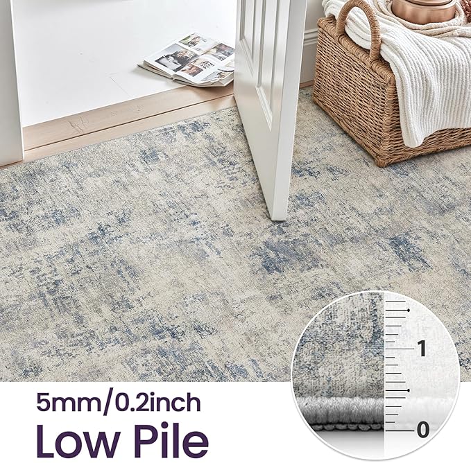 DEXI Washable Area Rug for Living Room 5x8, Modern Abstract Soft Indoor Large Rugs, Stain Resistant Low Pile Carpet with Non Slip Backing for Dining Bedroom Office, Blue