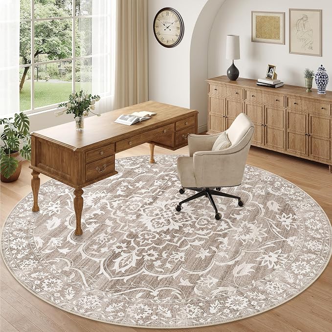 Soalmost Washable Round Rug 8ft for Living Room,Soft Circle Rug Light Brown | Vintage Floral Ultra-Thin Non-Slip 8x8 Round Throw Carpet for Nursery Bedroom Kitchen Dining Room 8'Round