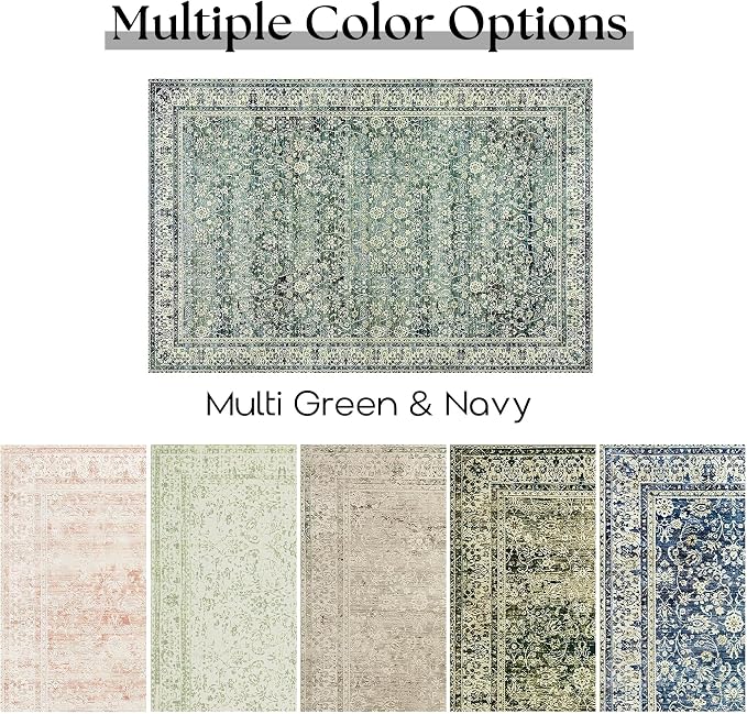9x12 Area Rugs Dark Green Washable Rug for Living Room Big Bedroom Under Bed,Low Pile Soft Non Slip Floral Boho Vintage Extra Large Carpet for Dining Room Under Table,9 by 12,Blue and Green