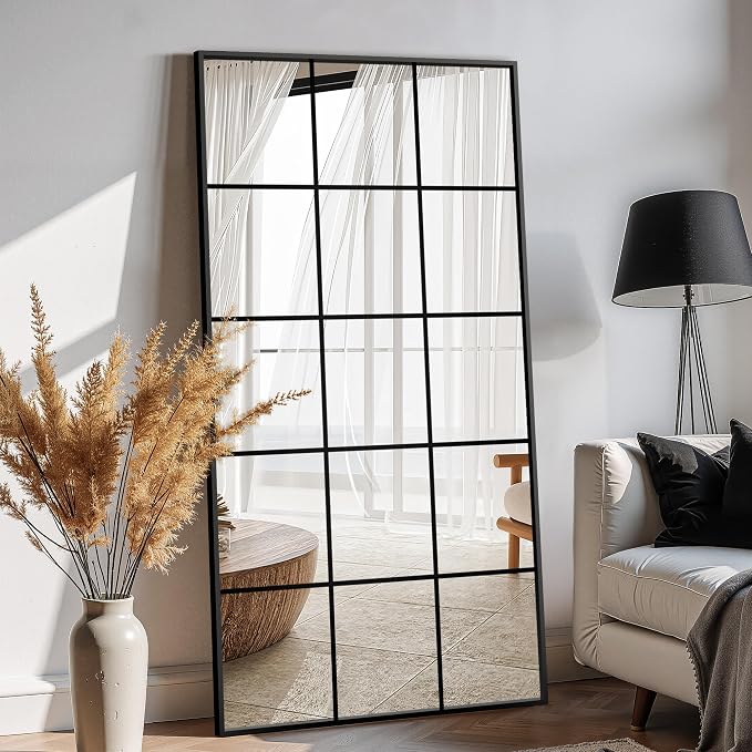 Large Window Pane Full Length Mirror for Wall, 28"x55" Black Rectangular Wall Mirror for Living Room, Bedroom, Entryway, Hanging or Leaning
